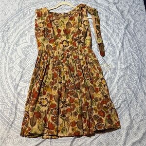 Vintage 1950s Fit & Flare Dress – Painterly Floral Cotton, Belted, Mid Century